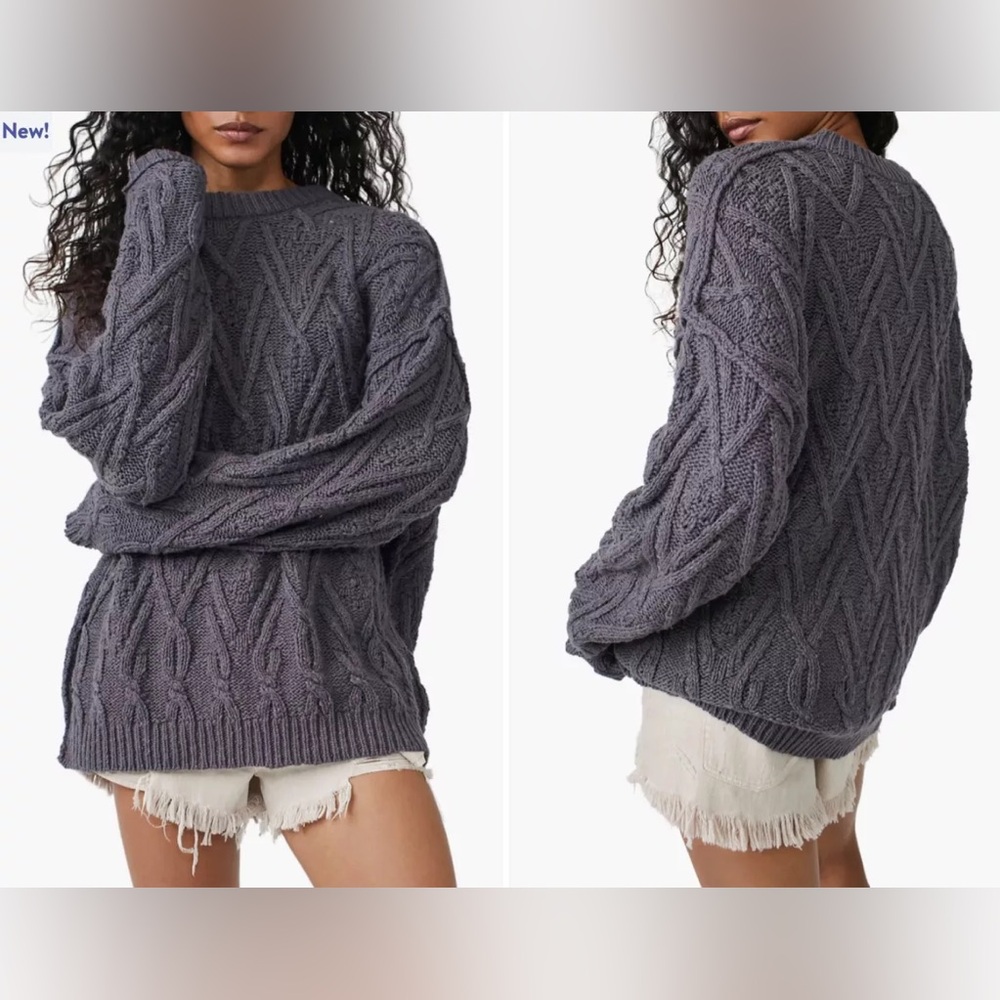 Free People Isla Cable Knit Tunic Sweater Sz L Gray(Shaded Rock)Cotton Oversized - Picture 2 of 14